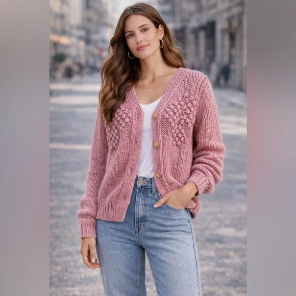 Creation Antonette Pink Textured Knit Cardigan Size M 100% Acrylic [000195] - Picture 2 of 9
